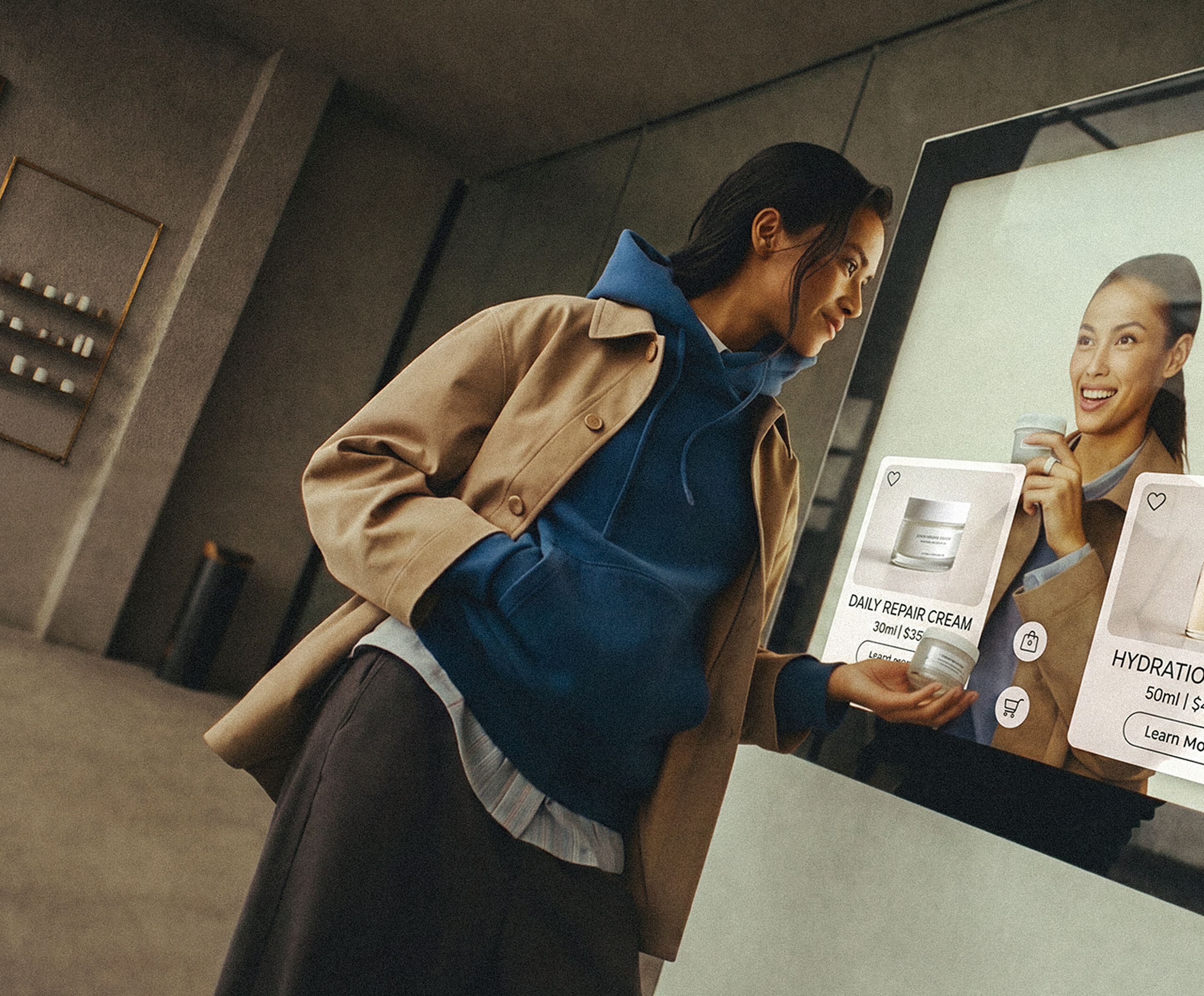 Woman interacting with a LiveX physical AI retail display.